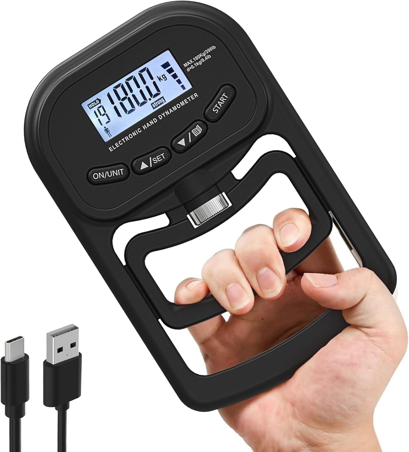 Dynamometr ręczny elektroniczny duży zakres pomiaru do 180 kg z kablem USB do ładowania